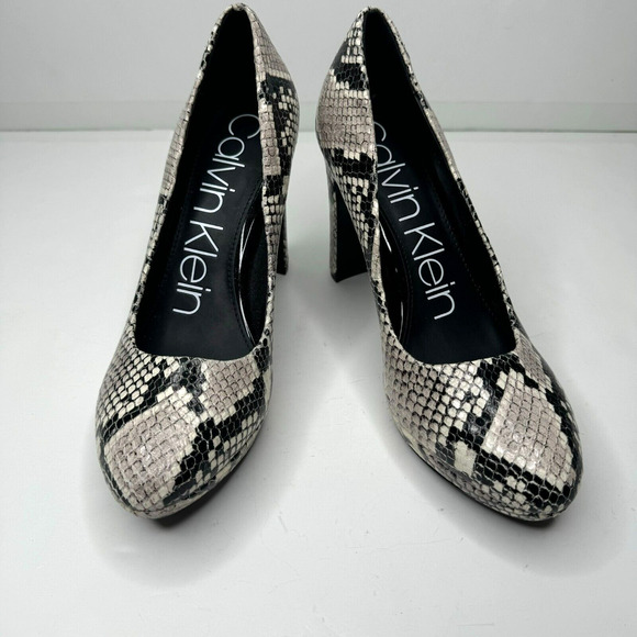 Calvin Klein Premda Block Heel Womens 7.5 Black White Reptile Embossed Leather - Picture 1 of 10